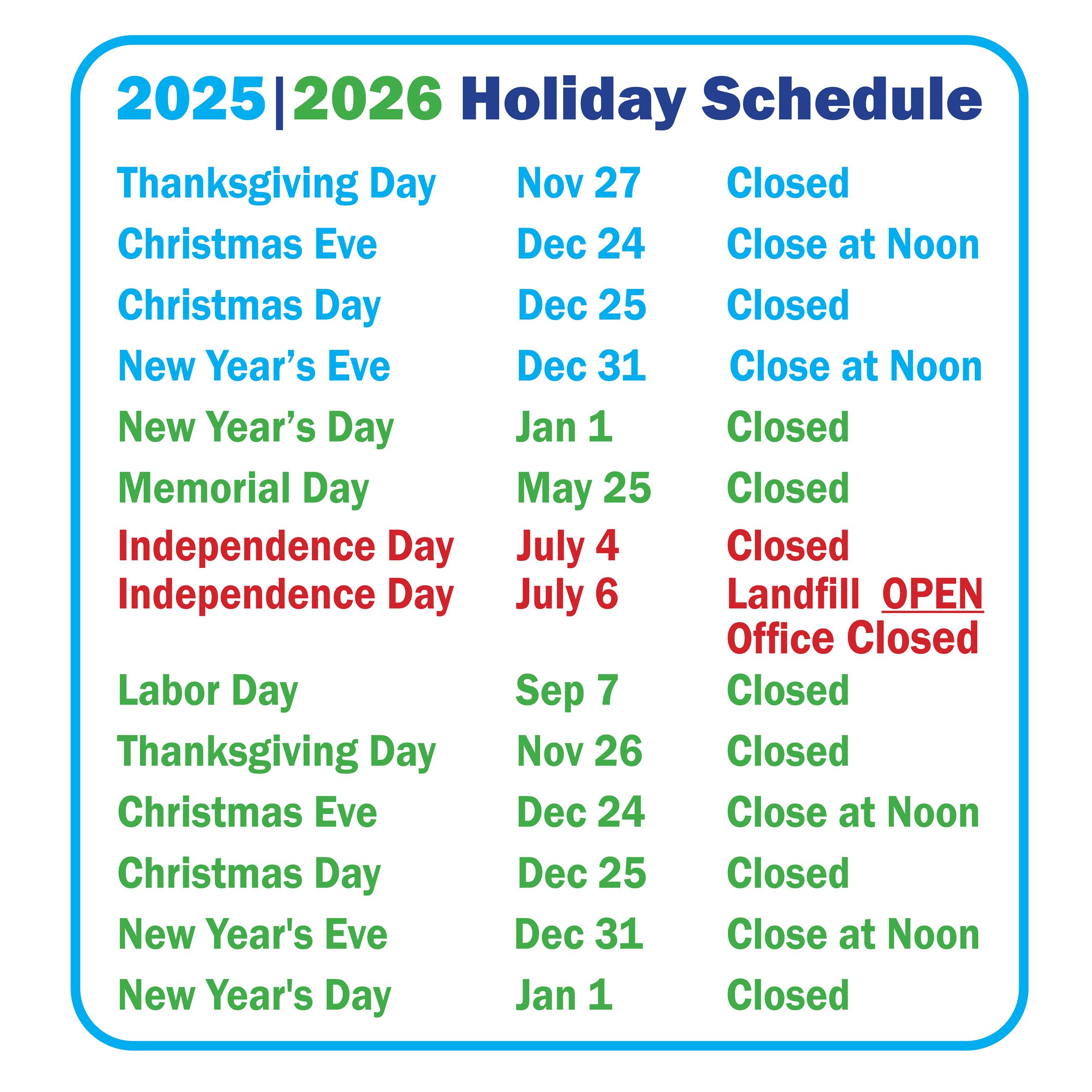 2025 and 2026 Holidays graphic for website